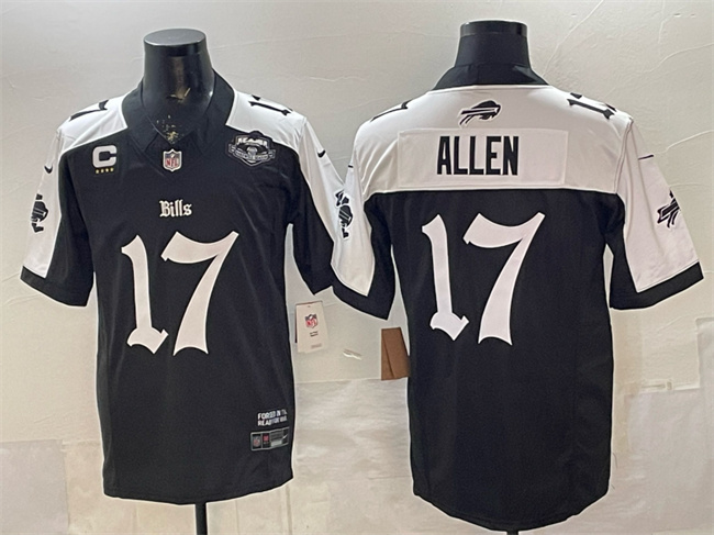 Men's Buffalo Bills #17 Josh Allen Black/White 2025 F.U.S.E. 'Gothic Cold Front Edition' With Farewell Patch & 4-Star C Patch Vapor Limited Stitched Football Jersey Men's Buffalo Bills #17 Josh Allen Black/White 2025 F.U.S.E. 'Gothic Cold Front Edition' With Farewell Patch & 4-Star C Patch Vapor Limited Stitched Football Jersey
